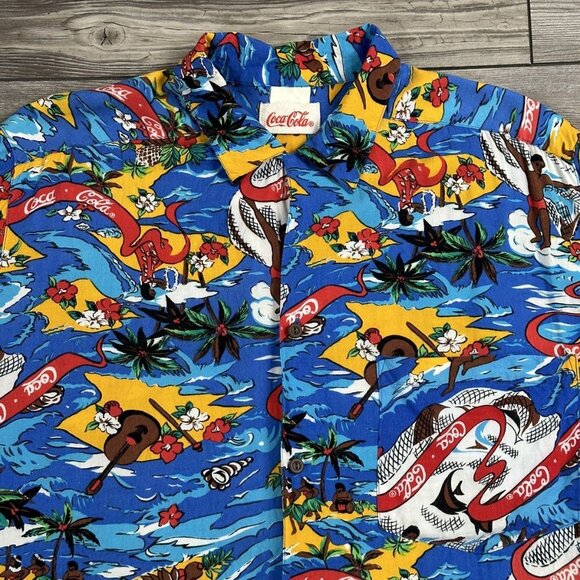 Crazy Vintage 80’s Coca Cola Rayon Hawaiian Button Up Shirt - Picture 2 of 3